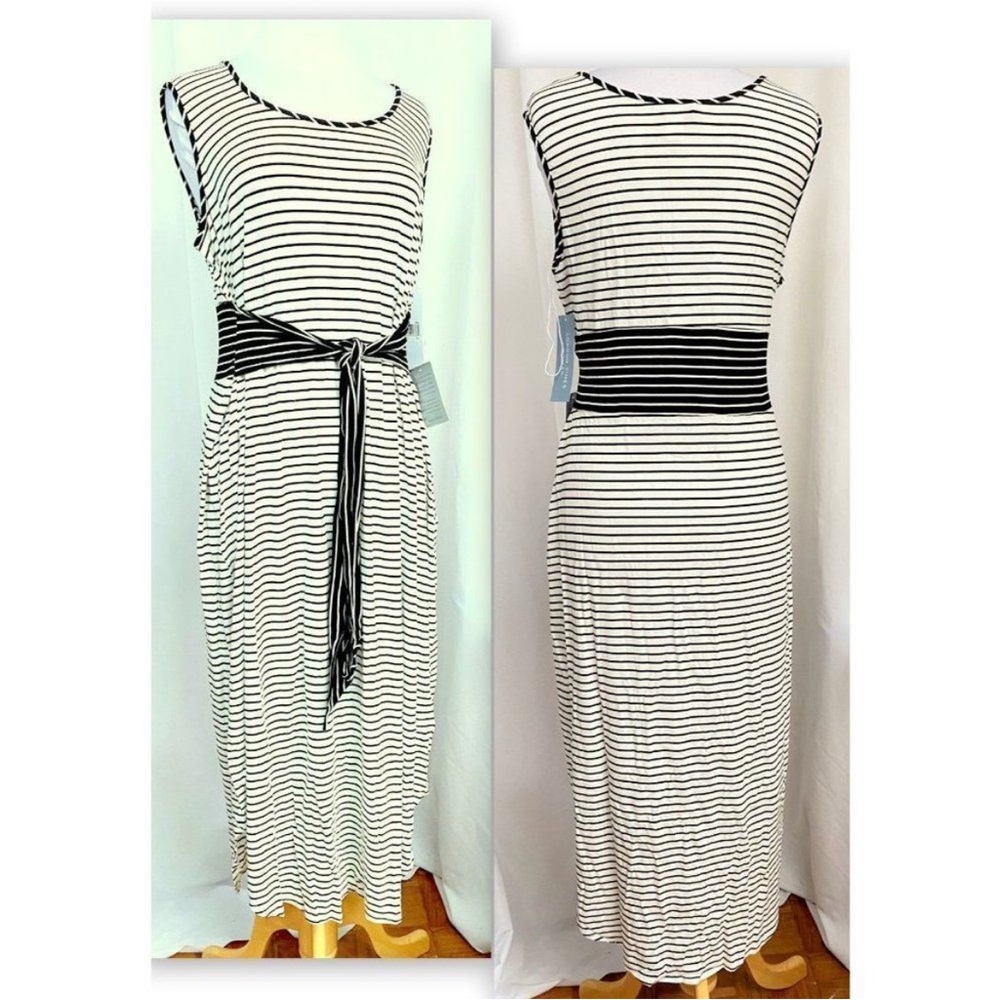 NWT- London Times Woman Black & White Nautical Stripe Tie Waist Tank Dress Sz 2X